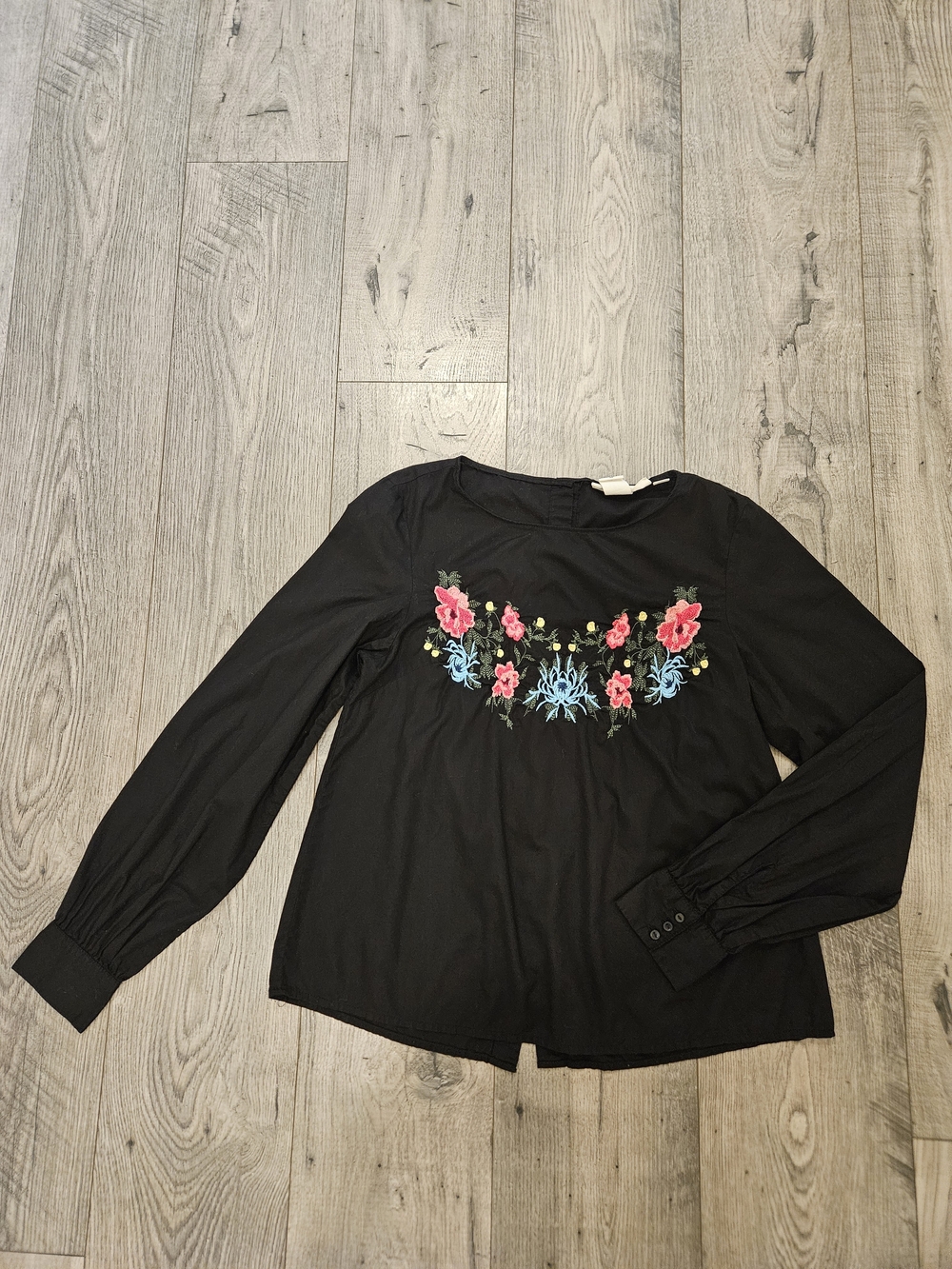 L.O.G.G Bohemian Black Blouse with Pink & Blue Floral Embroidery Sz. 4